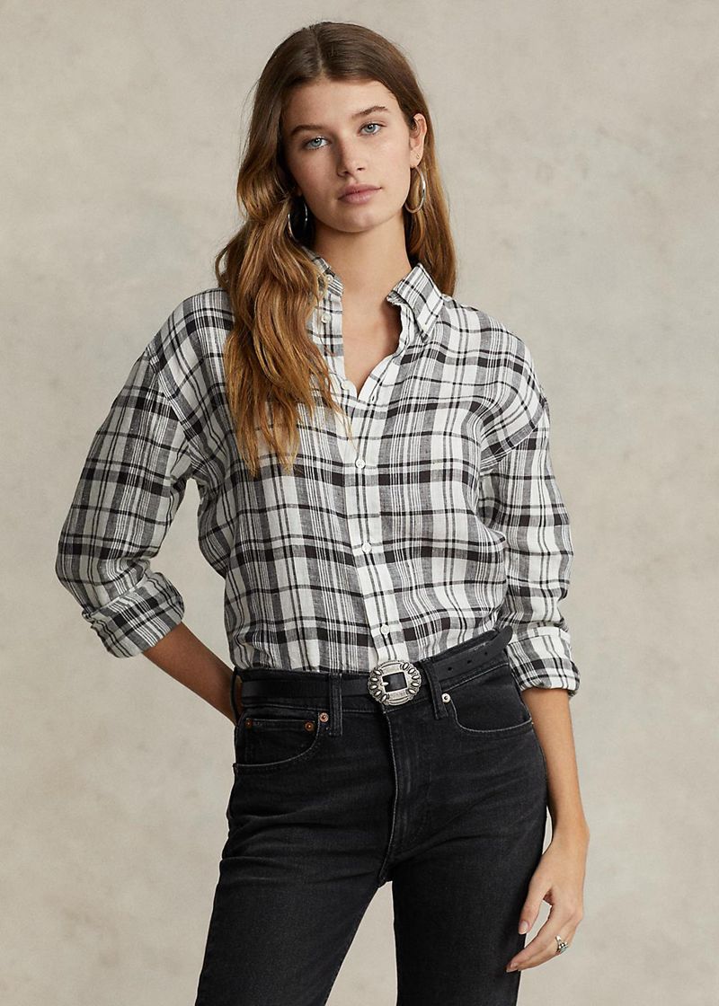 Koszula Polo Ralph Lauren Damska Czarne Relaxed Fit Plaid Linen 654193-YKQ